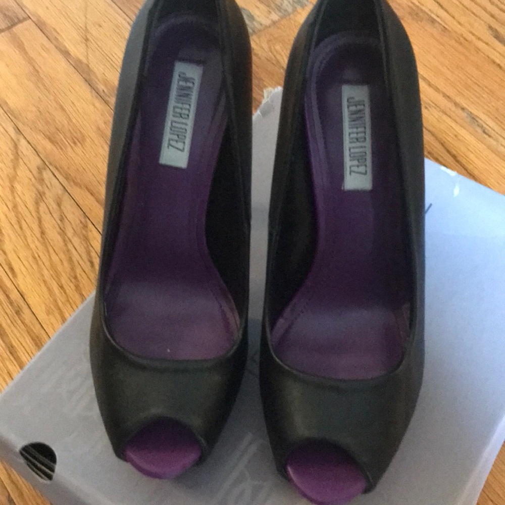 Black peep toe with teal heel